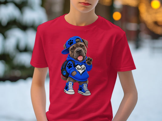 Red t-shirt with a cartoon dog wearing a blue hoodie, cap, and sneakers with 
