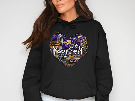 Heart graphic with Baltimore Ravens logos, football helmet, and text.