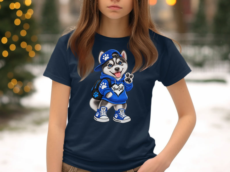 Load image into Gallery viewer, Husky dog in blue hoodie and sneakers with "Your Self" text on shirt.
