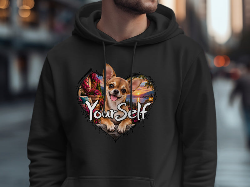 Load image into Gallery viewer, Black hoodie with a heart-shaped graphic featuring a chihuahua and the text "Your Self".
