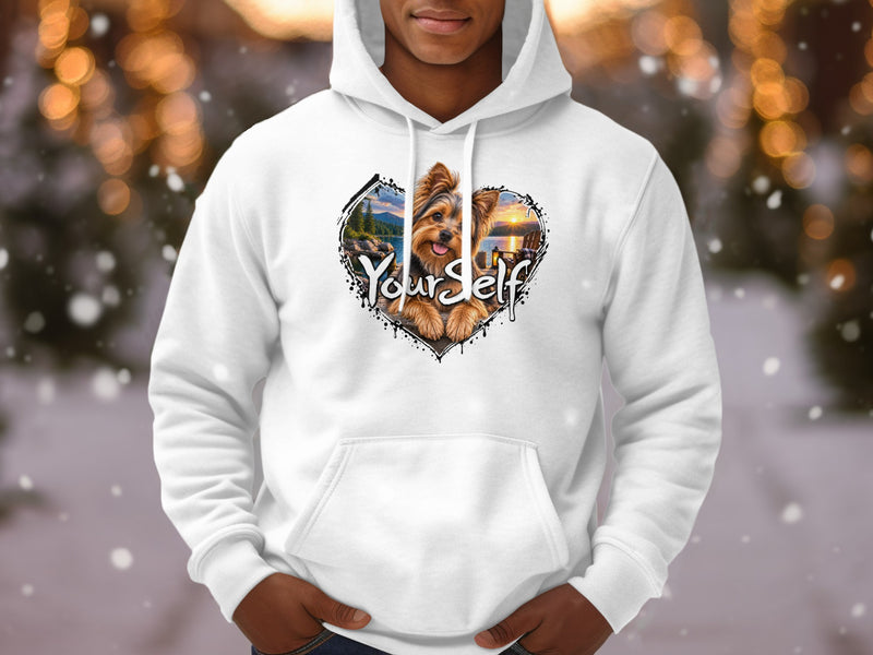 Load image into Gallery viewer, White hoodie featuring a heart graphic with a dog and text "Your Self".
