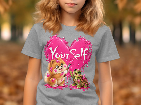 Pomeranian and turtle paint a pink heart with "Your Self" text.