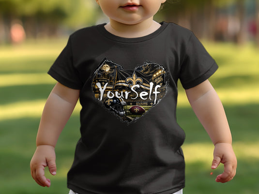 Black t-shirt with New Orleans Saints heart graphic and text "Your Self".