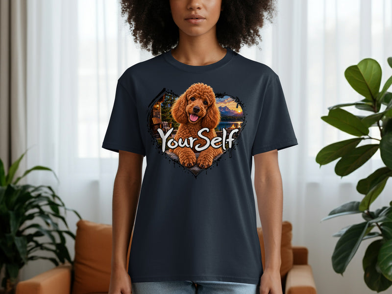 Load image into Gallery viewer, Dark t-shirt with a heart graphic featuring a poodle and "Your Self" text.
