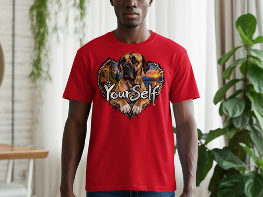 Red t-shirt with a dog's portrait inside a heart and the text "YourSelf".