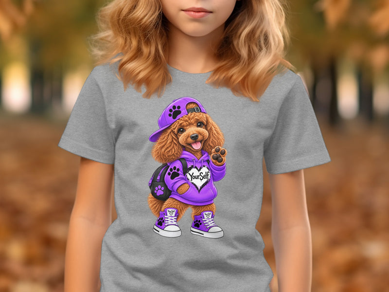 Load image into Gallery viewer, Cartoon poodle in purple hoodie and hat with "Your Self" text on shirt.
