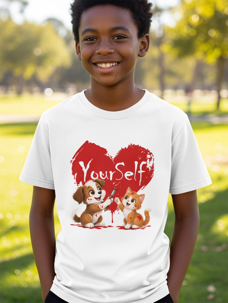 Load image into Gallery viewer, White t-shirt with "YourSelf" text and cartoon dog and cat painting a heart.
