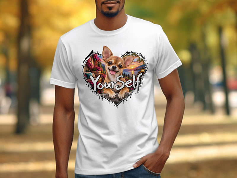 Load image into Gallery viewer, White t-shirt with a heart-shaped graphic of a chihuahua and the words "YourSelf".
