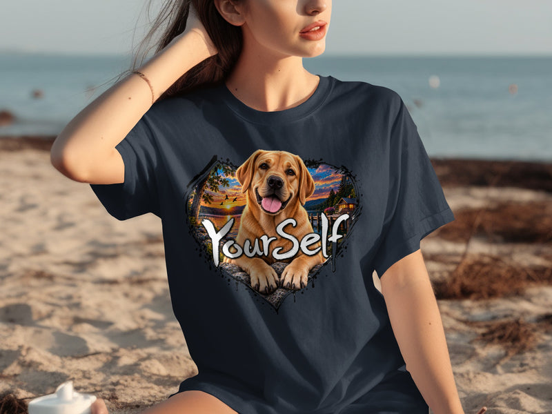 Load image into Gallery viewer, Dark blue t-shirt with a heart-shaped graphic featuring a happy dog and the words "YourSelf".
