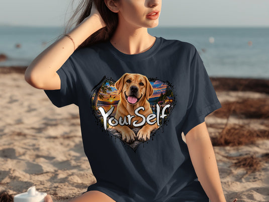 Dark blue t-shirt with a heart-shaped graphic featuring a happy dog and the words 