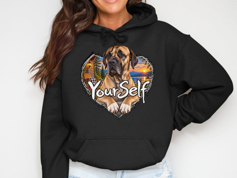 Load image into Gallery viewer, Black hoodie with a heart graphic featuring a dog and the text "YourSelf".
