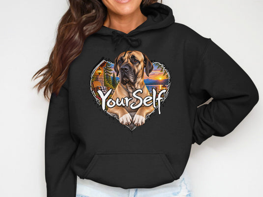 Black hoodie with a heart graphic featuring a dog and the text 