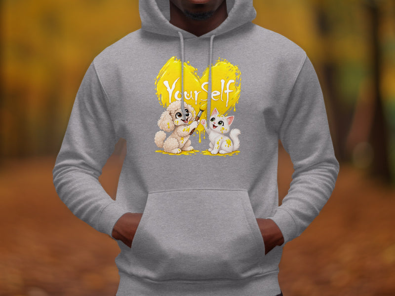 Load image into Gallery viewer, Gray hoodie with a yellow heart graphic featuring a dog painting "Yourself" and a cat.
