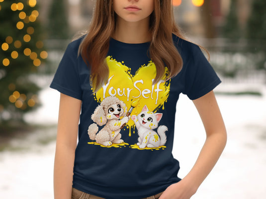 Dog and cat painting a yellow heart with text 