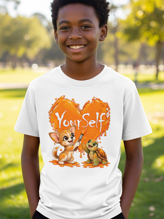 White t-shirt with a Chihuahua and turtle painting an orange heart with "YourSelf".