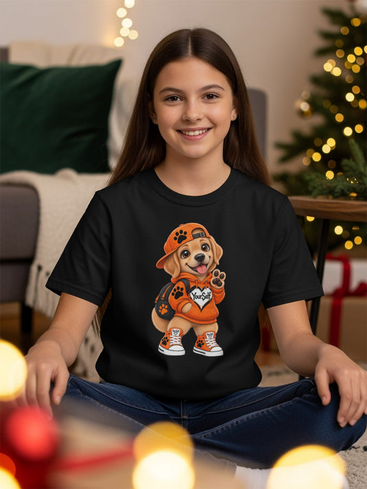 Black t-shirt with graphic of a dog wearing a hoodie, cap, and sneakers.