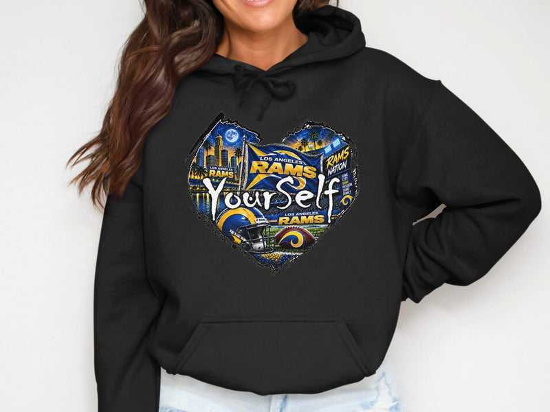 Load image into Gallery viewer, Los Angeles Rams heart graphic with city skyline, football helmet, and "Yourself" text.
