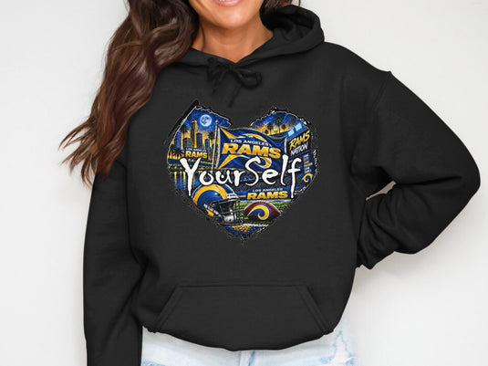 Los Angeles Rams heart graphic with city skyline, football helmet, and 