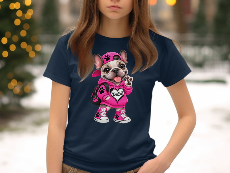 Load image into Gallery viewer, French bulldog wearing pink hoodie and hat, with "YourSelf" on heart.
