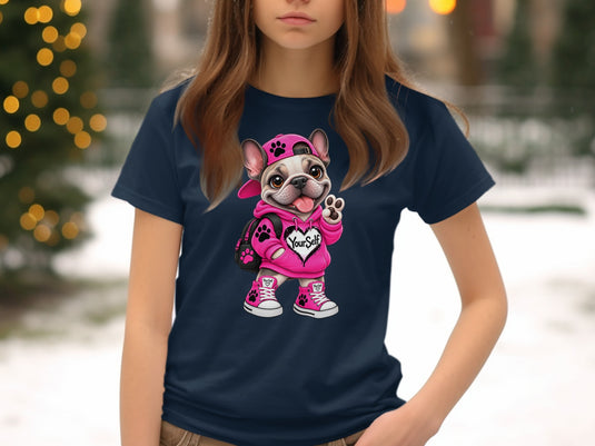 French bulldog wearing pink hoodie and hat, with 