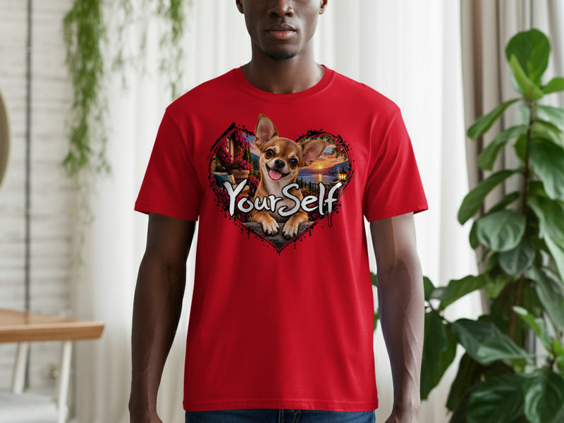 Load image into Gallery viewer, Red t-shirt with a heart graphic featuring a chihuahua and the text "YourSelf".
