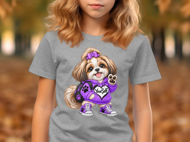Load image into Gallery viewer, Illustration of a cartoon Shih Tzu dog wearing a purple hoodie with "YourSelf" text.
