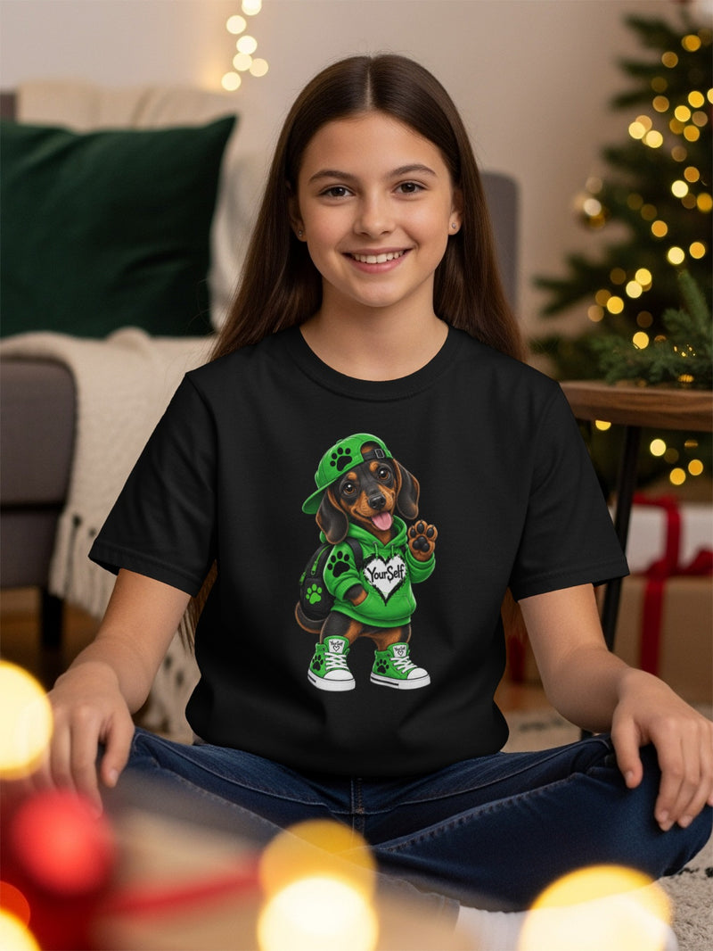 Load image into Gallery viewer, Black t-shirt with a dachshund wearing a green hoodie, hat, and sneakers.
