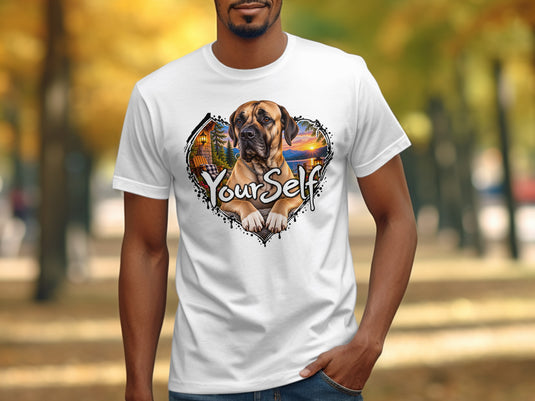 White t-shirt with a heart-shaped graphic featuring a dog and the text 