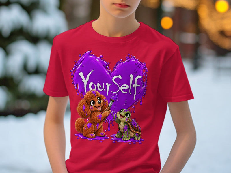 Load image into Gallery viewer, Red t-shirt with purple heart graphic and "YourSelf" text, featuring a dog and turtle.
