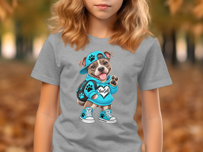 Load image into Gallery viewer, Dog wearing a blue hoodie, cap, backpack, and sneakers with "YourSelf" text.
