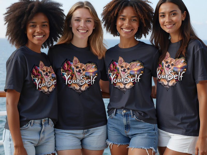 Load image into Gallery viewer, Four women wear dark t-shirts with a chihuahua in a heart frame and text "YourSelf".

