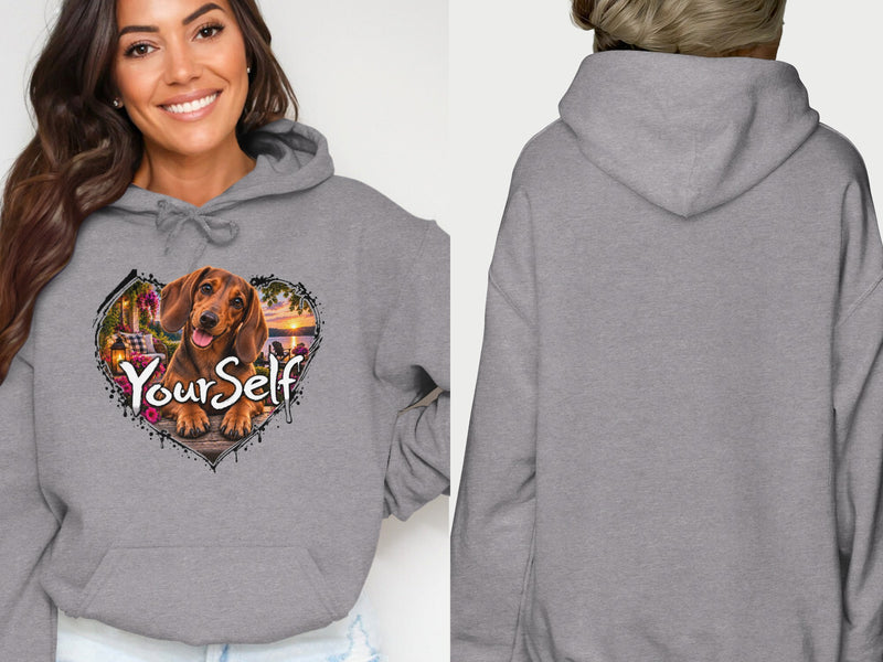 Load image into Gallery viewer, Grey hoodie with dachshund artwork inside a heart, reading "Yourself".
