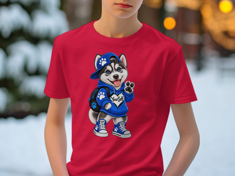 Load image into Gallery viewer, Red t-shirt with husky puppy wearing blue hoodie, backpack, and sneakers with "YourSelf" text.
