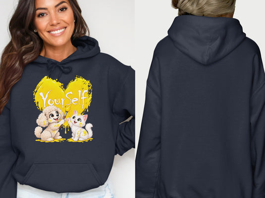 Navy hoodie with yellow heart and "YourSelf" text featuring cartoon dog and cat.