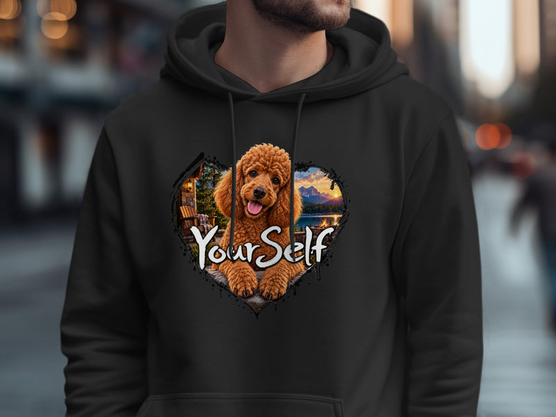 Load image into Gallery viewer, Brown poodle inside heart graphic with text "Your Self" on black hoodie.
