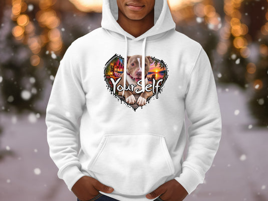 White hoodie with a heart-shaped graphic of a pit bull and the text 