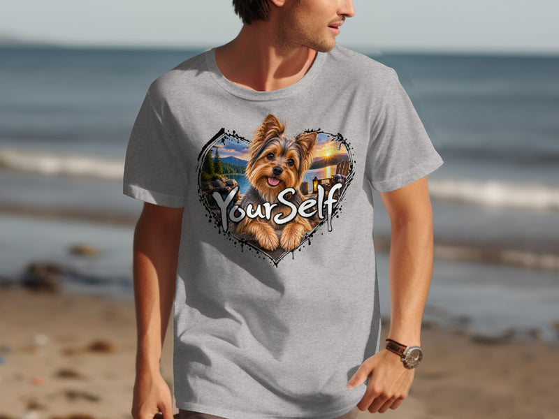 Load image into Gallery viewer, Yorkshire Terrier in heart frame with "YourSelf" text, beach sunset scene.
