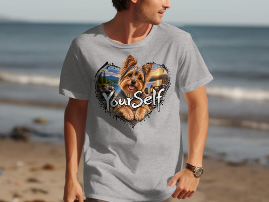Yorkshire Terrier in heart frame with "YourSelf" text, beach sunset scene.