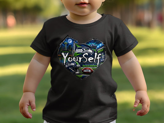 Black t-shirt with Seattle Seahawks heart design, including cityscape and football.