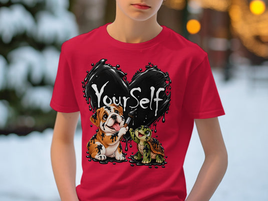 Bulldog and turtle covered in black paint with text 