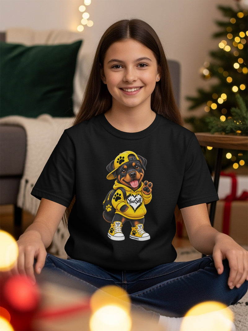 Load image into Gallery viewer, Black t-shirt with Rottweiler wearing yellow hoodie, cap, and sneakers with "YourSelf" text.
