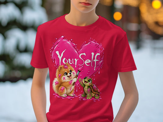 Red t-shirt with pink heart graphic: Pomeranian painting 