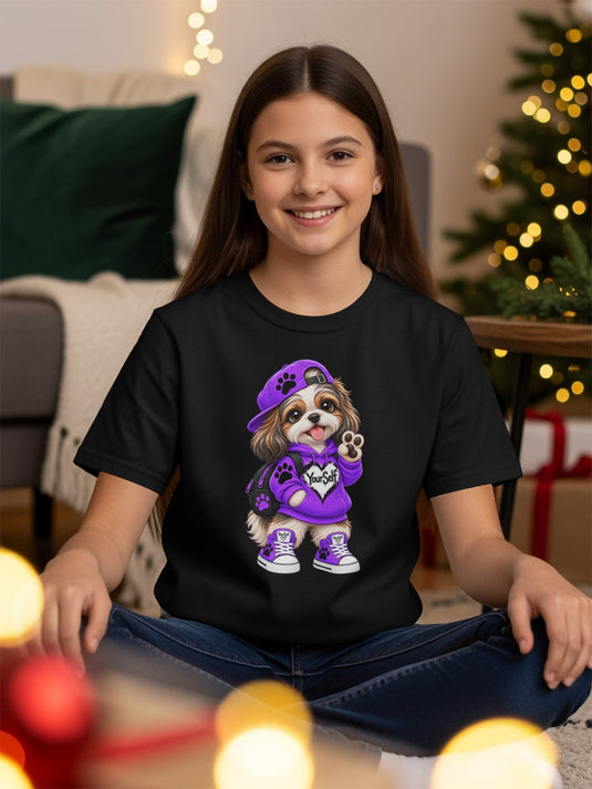 Black t-shirt with purple dog graphic wearing a hoodie, cap, and sneakers.