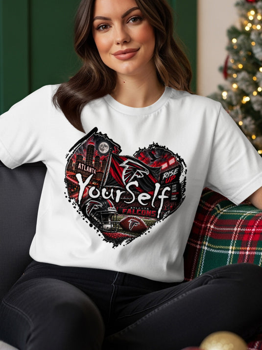Atlanta Falcons heart design with city skyline, football, helmet, and 