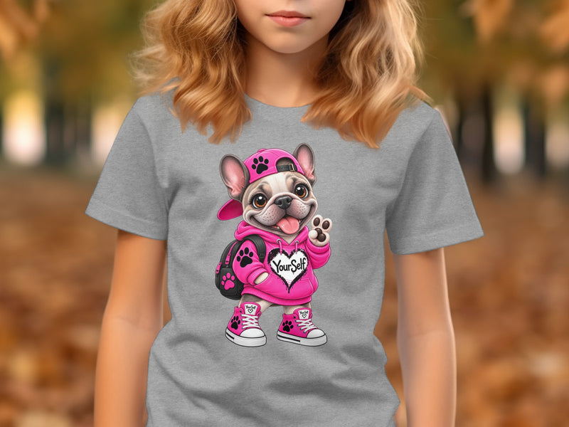 Load image into Gallery viewer, French bulldog in pink hoodie, hat, and sneakers with "YourSelf" text.
