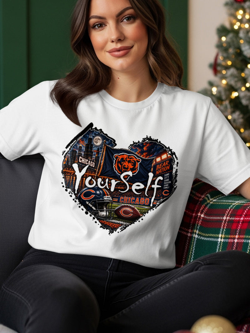 Load image into Gallery viewer, Chicago Bears football helmet, ball, city skyline, and bear logo on a heart graphic.
