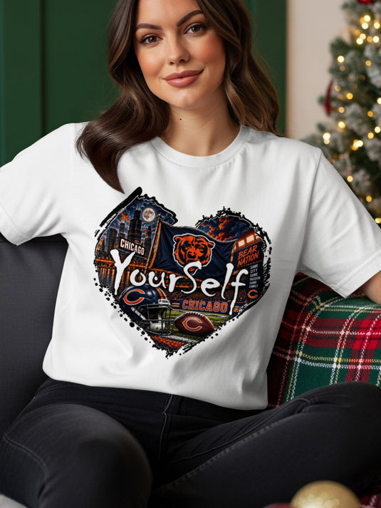 Chicago Bears football helmet, ball, city skyline, and bear logo on a heart graphic.