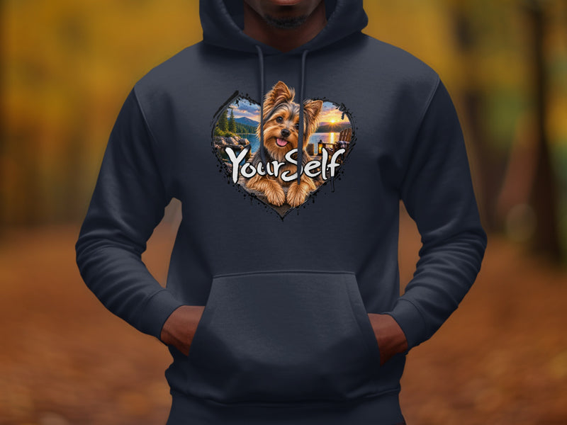 Load image into Gallery viewer, Yorkshire terrier in heart graphic with "Yourself" text on dark hoodie.

