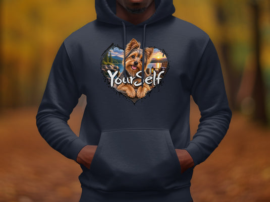 Yorkshire terrier in heart graphic with "Yourself" text on dark hoodie.