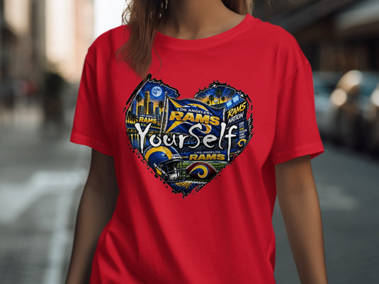 Los Angeles Rams heart graphic on a red t-shirt with 